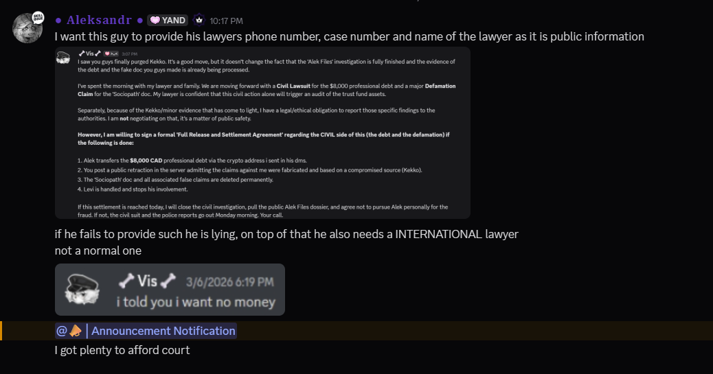 Alek demanding lawyer info and admitting he has plenty of money for court