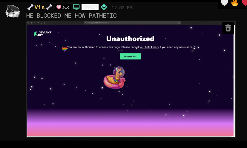 Screenshot showing the block on DeviantArt